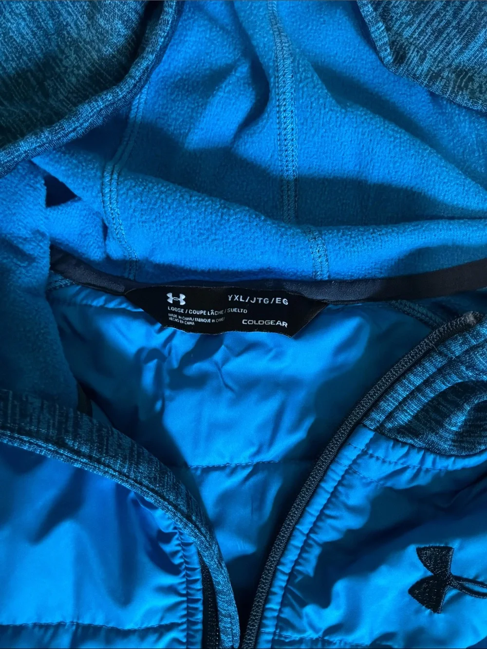 Under Armour Youth Blue Hooded Puffer Jacket with Heathered Navy Sleeves